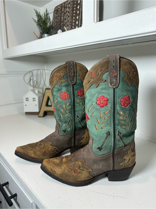 Laredo Shoes - Laredo Women’s Cowboy Boots Size 6.5M Turquoise Teal & Brown Floral Embroidered